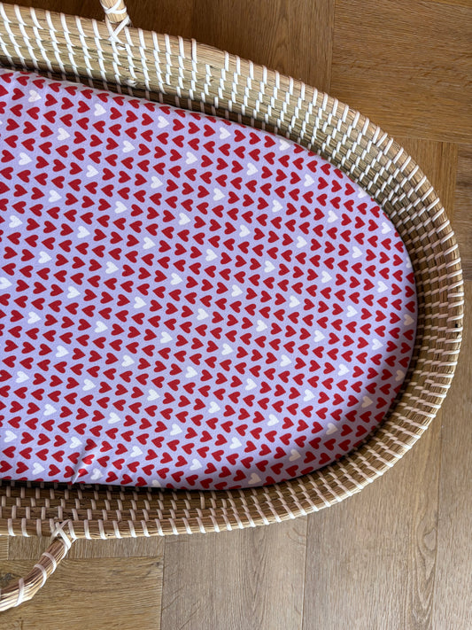 Hoeslaken verschoonmand/kinderwagen - hartjes - lila/rood