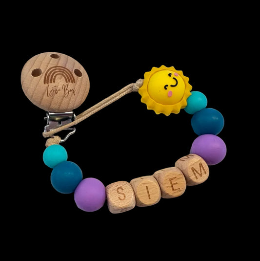Speenkoord met naam - Siem - Paars/Turquoise zon