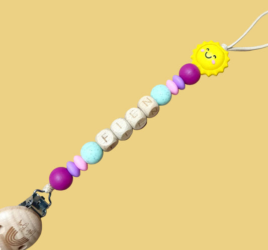 Speenkoord met naam - Fien - paars/mint/zon