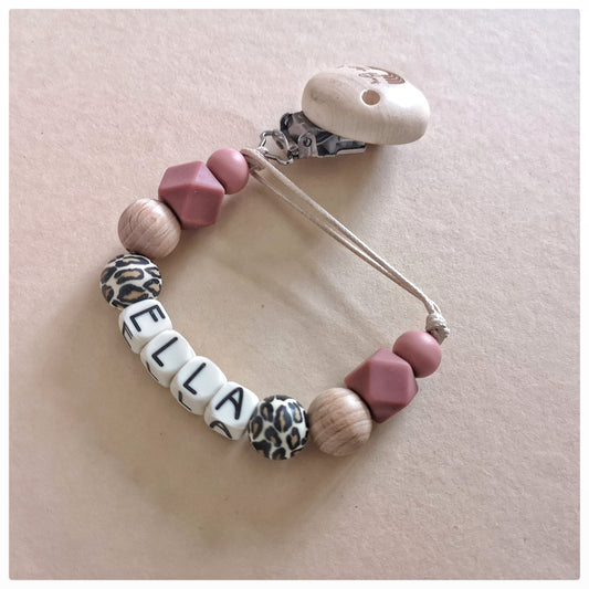 Speenkoord met naam - Ella - Panter/oudroze
