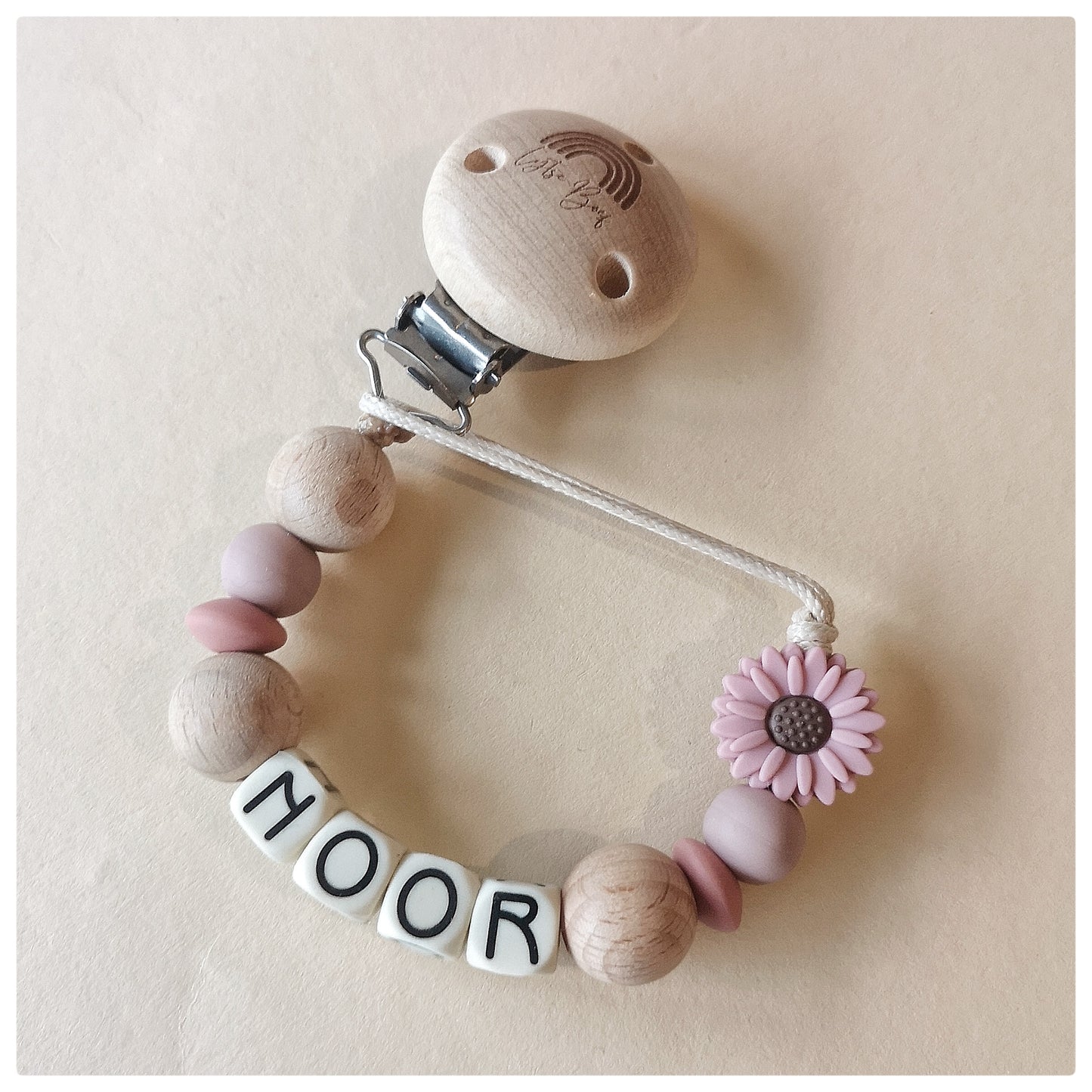 Speenkoord Bloem roze met naam -  Noor