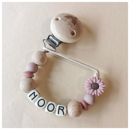 Speenkoord Bloem roze met naam -  Noor