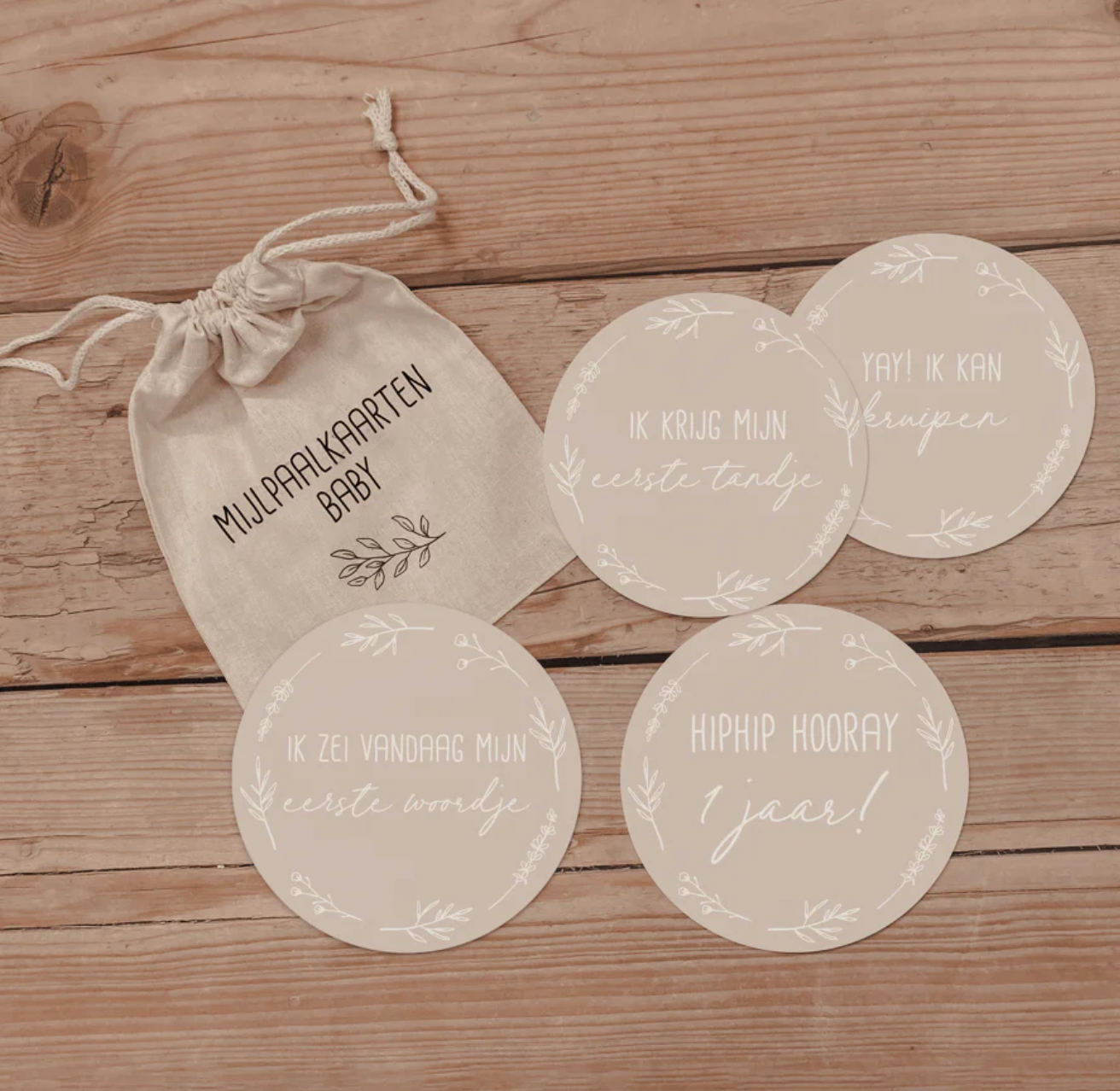 Mijlpaalcirkels in een linnen zakje - "Mijn Eerste Jaar"